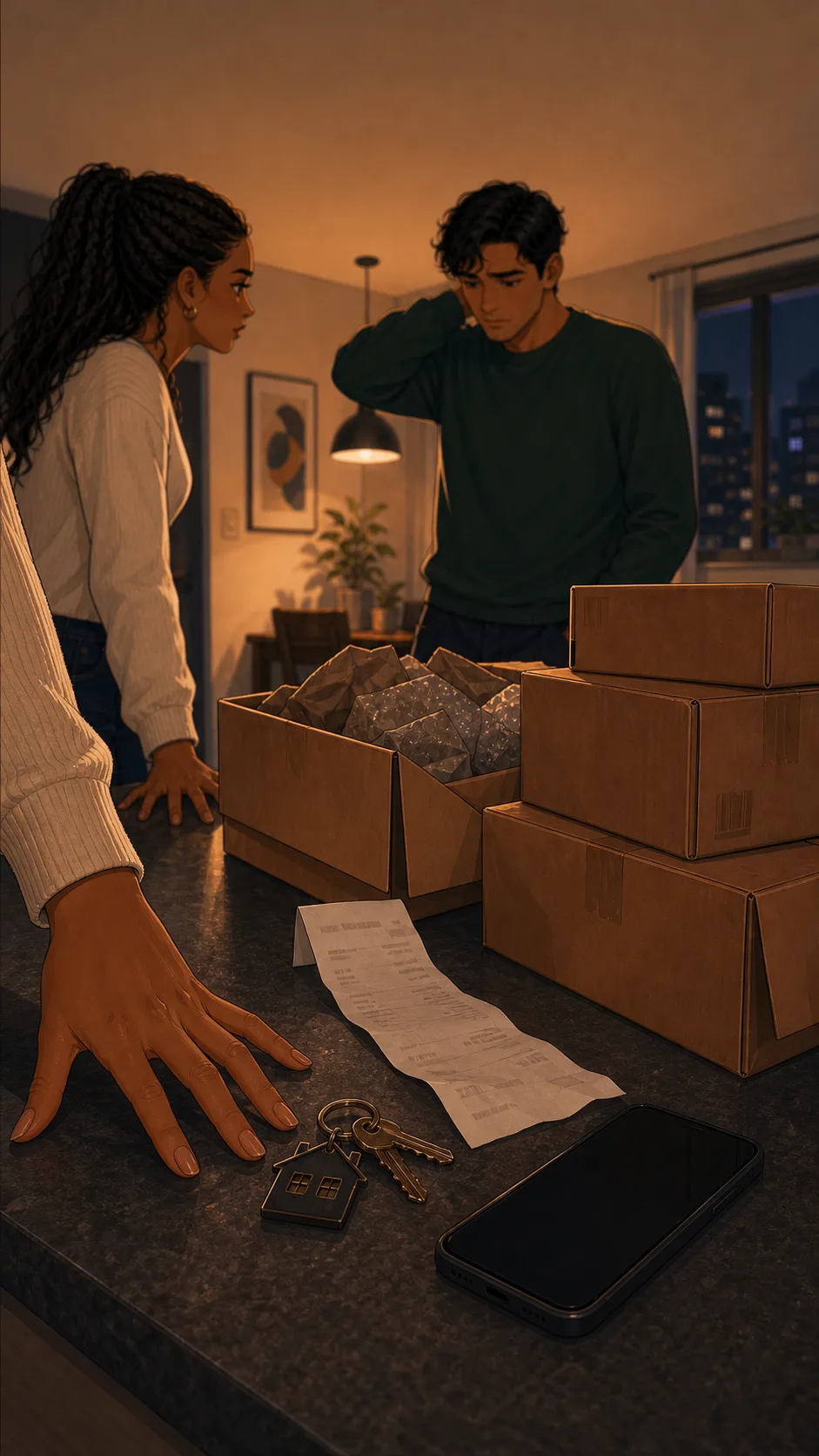 A fictional woman studies an unreadable purchase confirmation on her phone with a hurt expression.