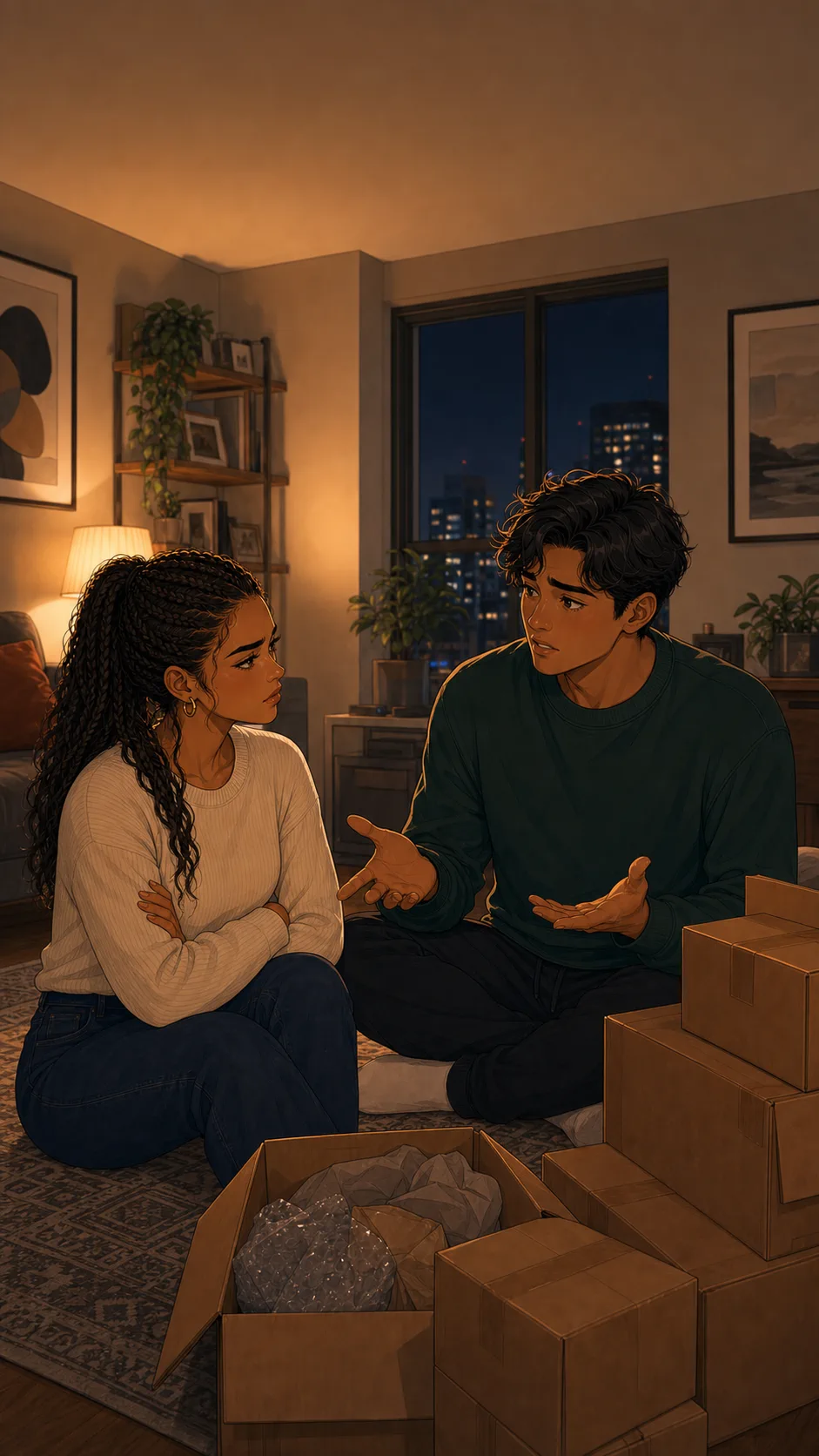 A fictional man sits beside unopened boxes while offering to repair a shared-money mistake.
