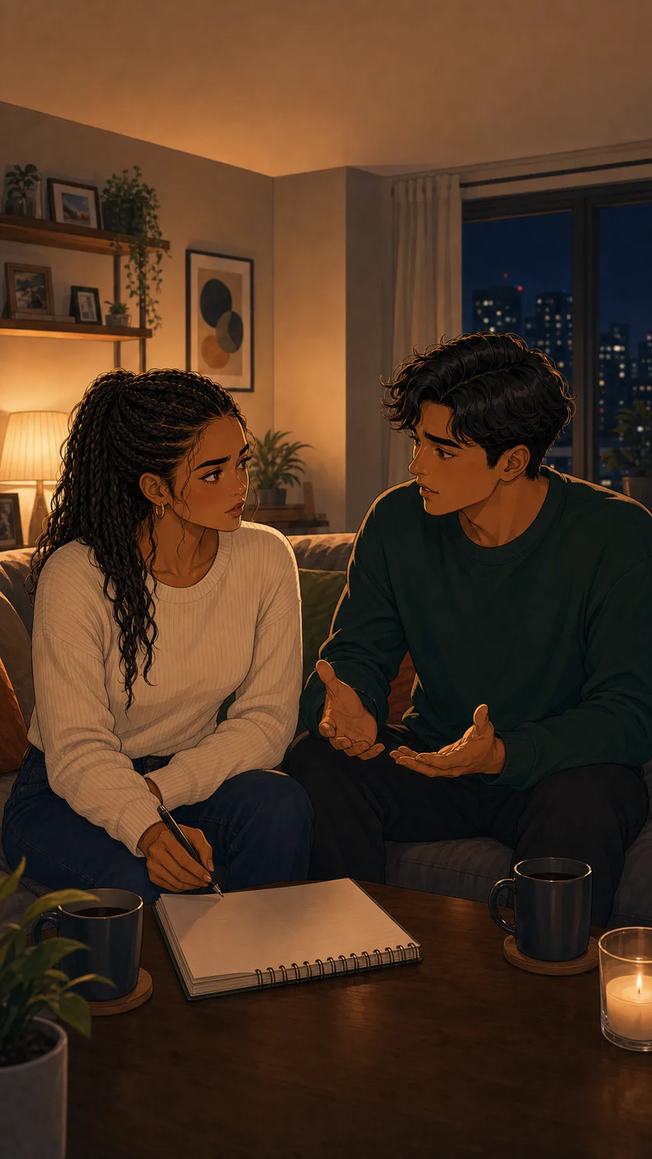 A fictional couple sits on a couch writing new shared-money rules with unopened boxes nearby.