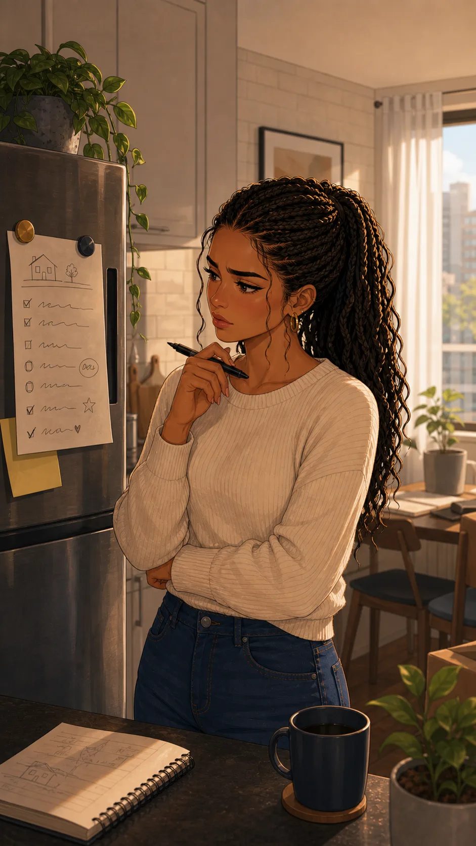 A fictional woman stands by a fridge savings note with a marker, deciding what to do next.