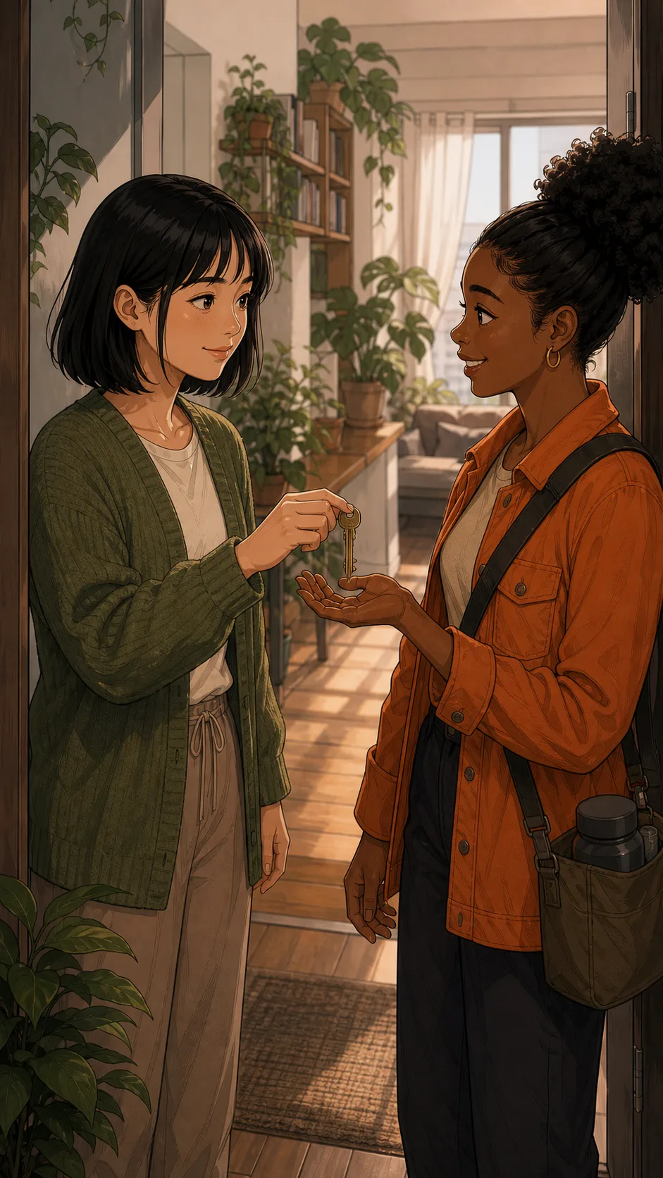 June hands Riley a spare key in a plant-filled apartment doorway.