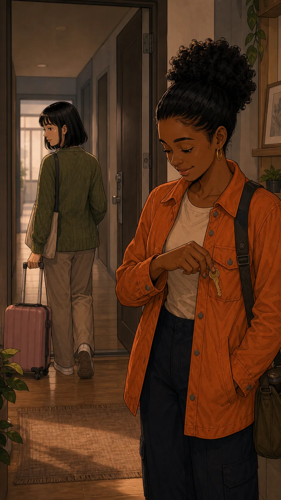 June leaves with a suitcase while Riley keeps the spare key.
