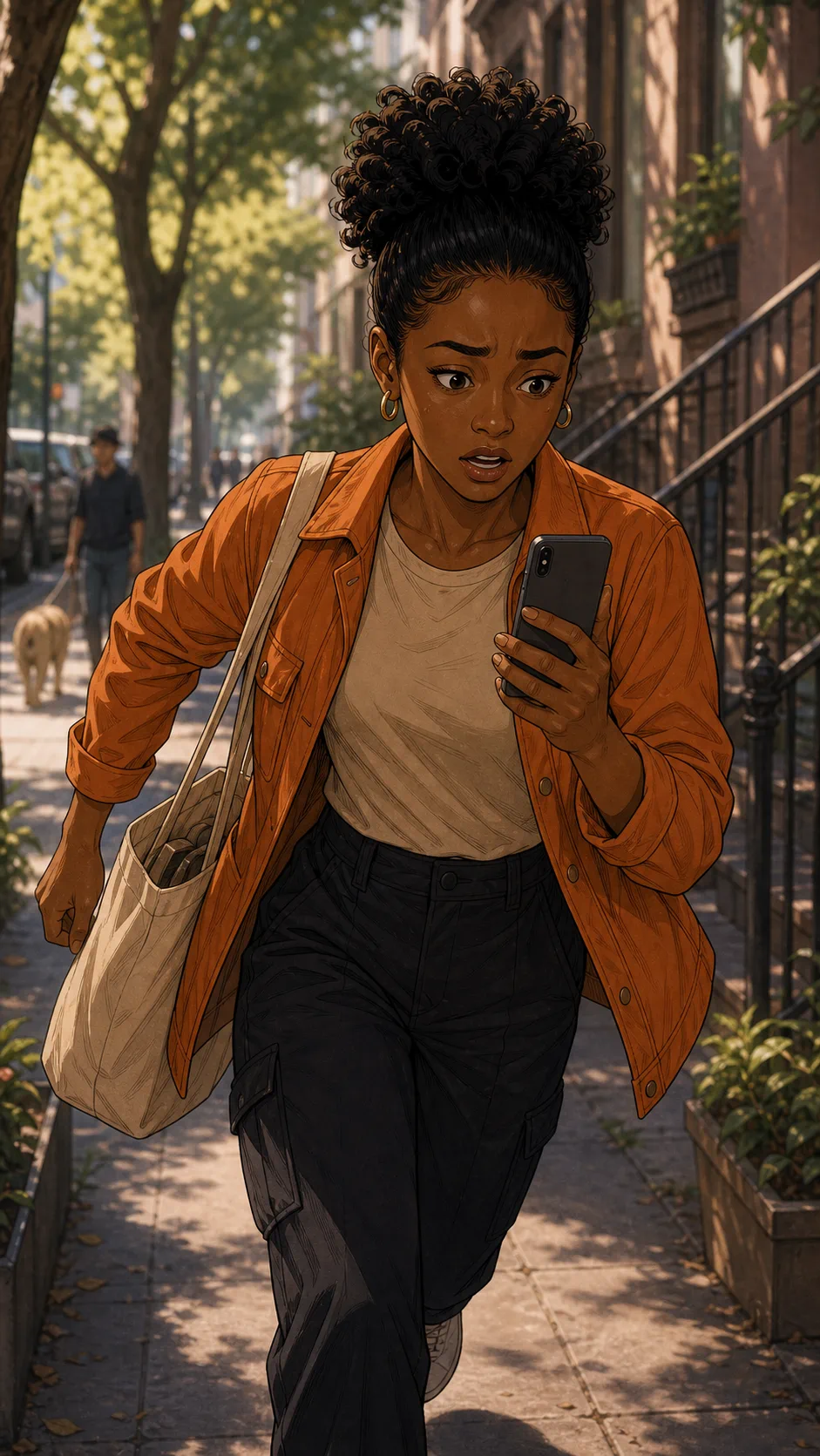 Riley rushes between errands while checking her phone.
