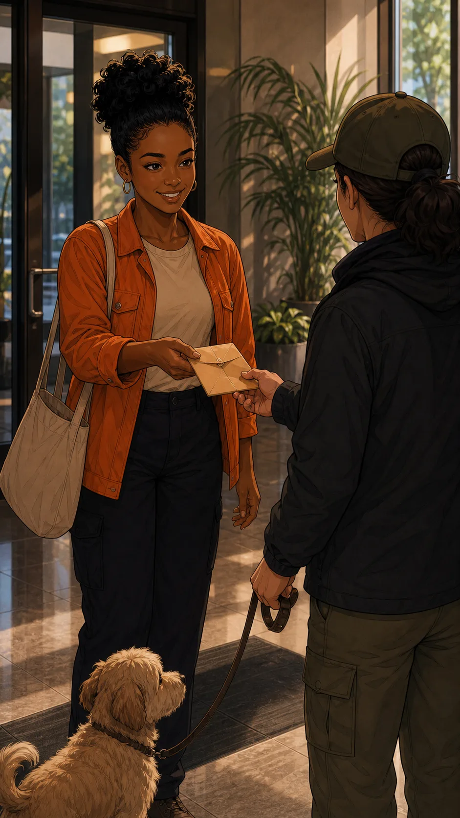 Riley hands a key envelope to a generic dog walker in a lobby.