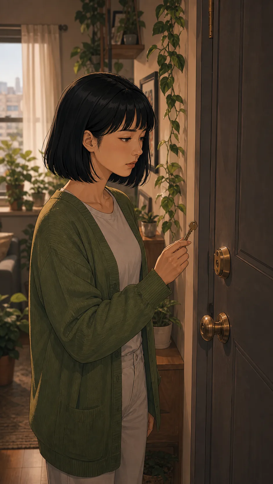 June holds her spare key while looking at her apartment lock.