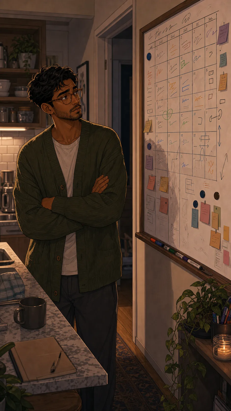 Milo organizes his week on a kitchen whiteboard with abstract unreadable notes.