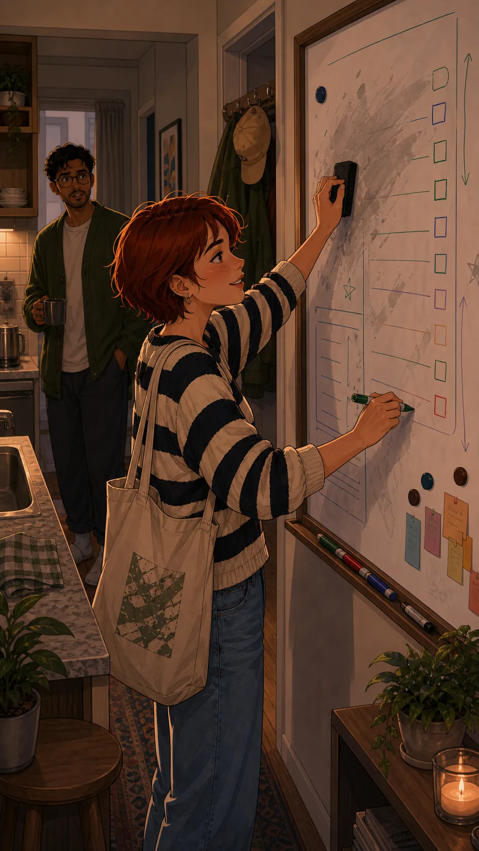Kira erases Milo's kitchen whiteboard to use it for packing.