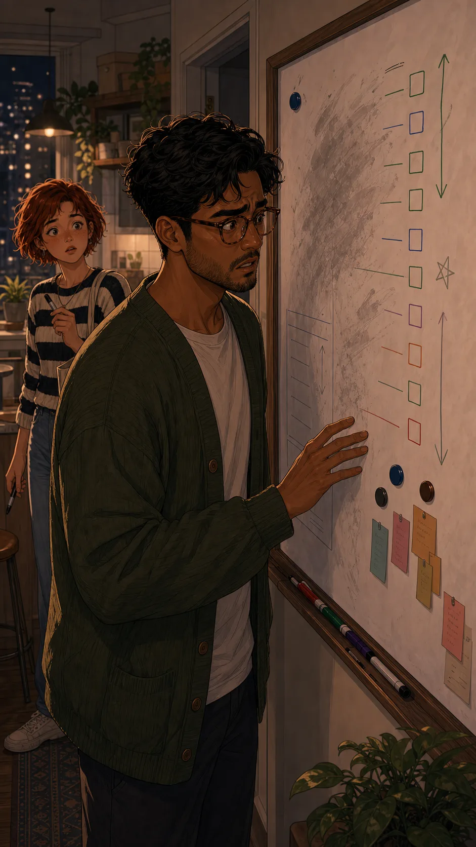 Milo stares at the erased whiteboard in his kitchen.
