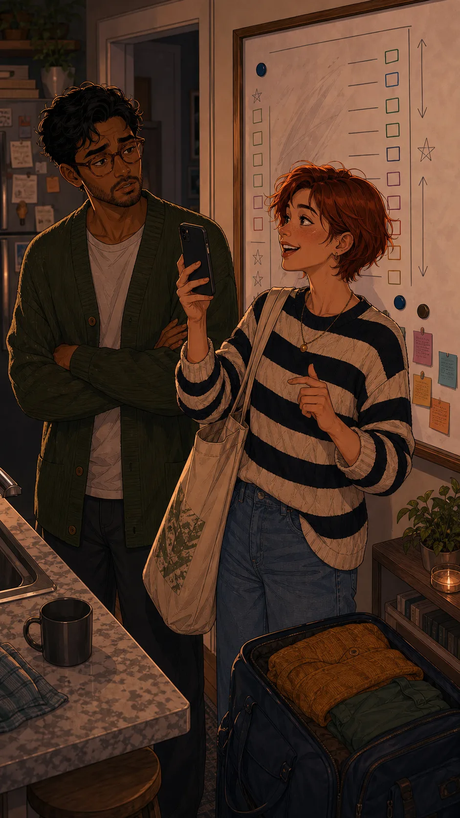 Kira shows she photographed her packing list while Milo points at the board.