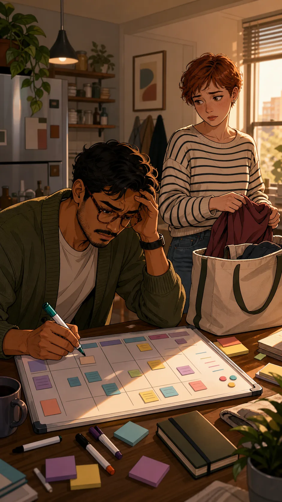 Milo rewrites reminders from memory while Kira packs nearby.