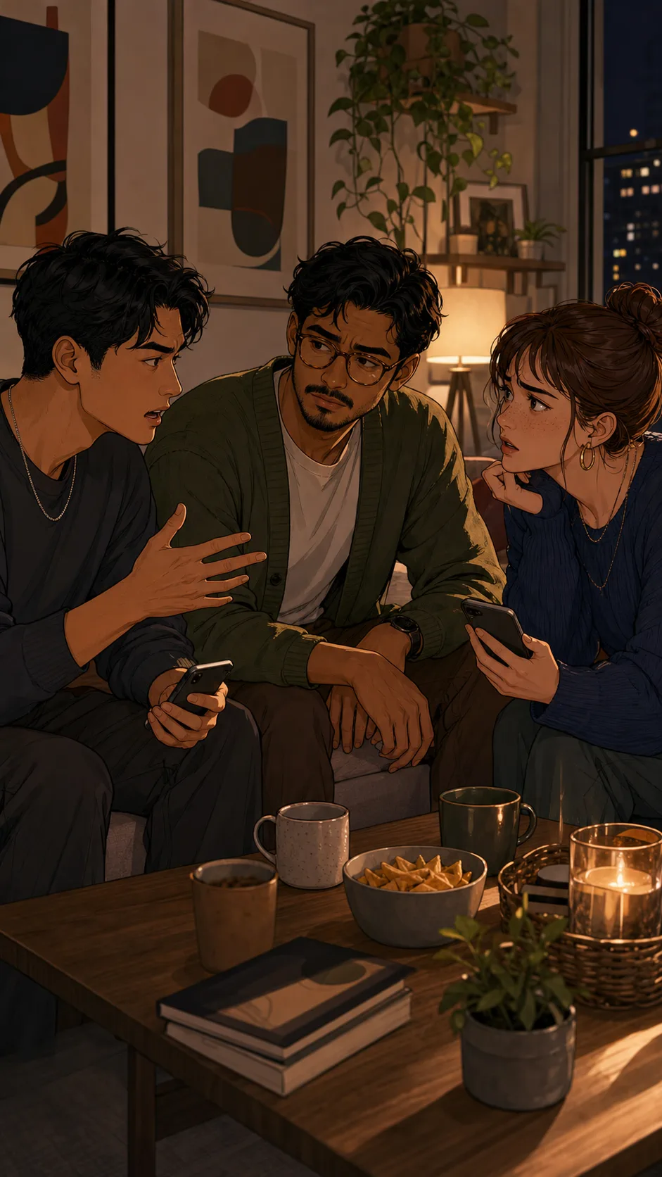 Milo and friends discuss guest boundaries with phones turned away from the viewer.