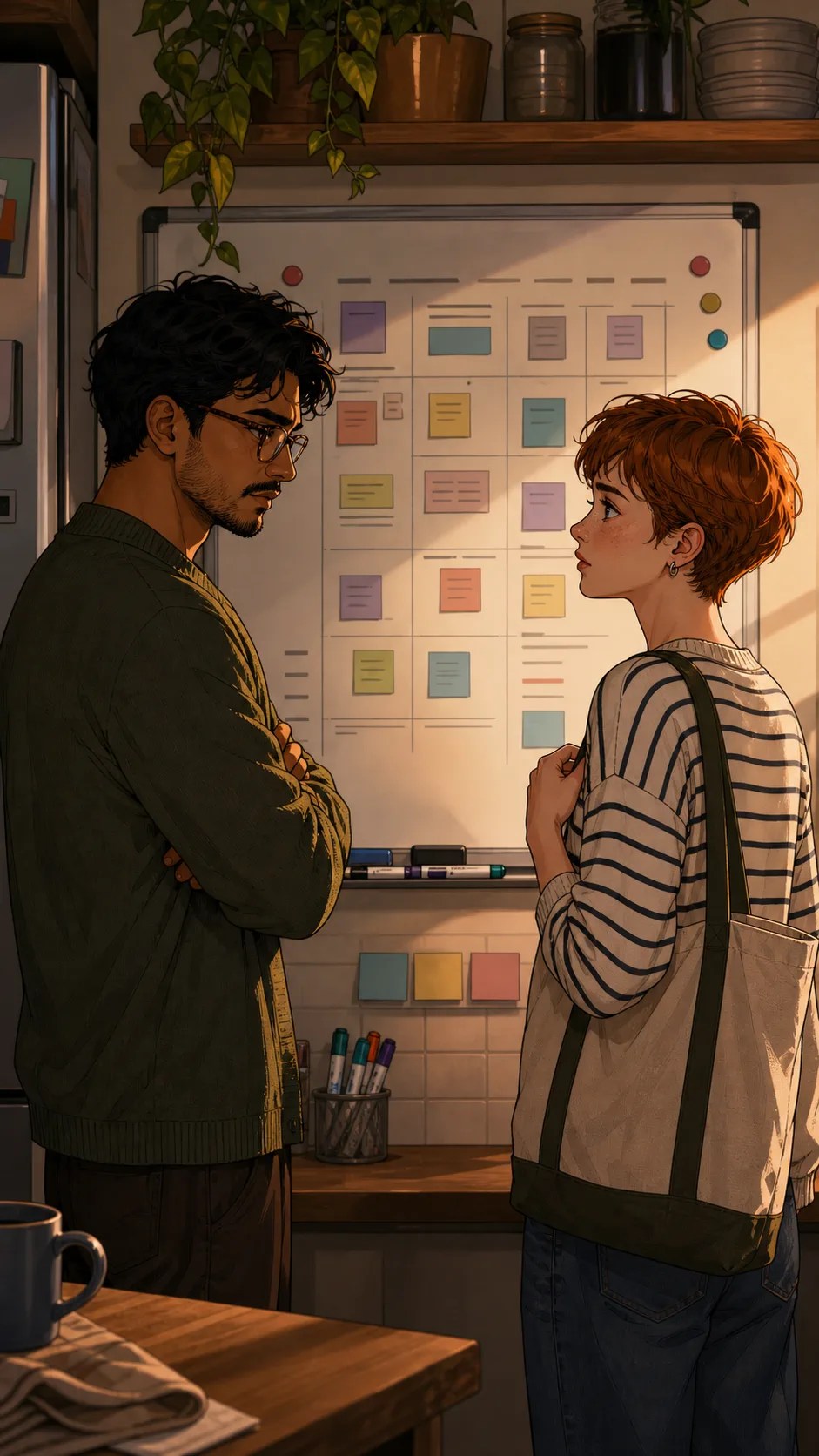 Milo and Kira stand beside a partly rebuilt whiteboard in the kitchen.