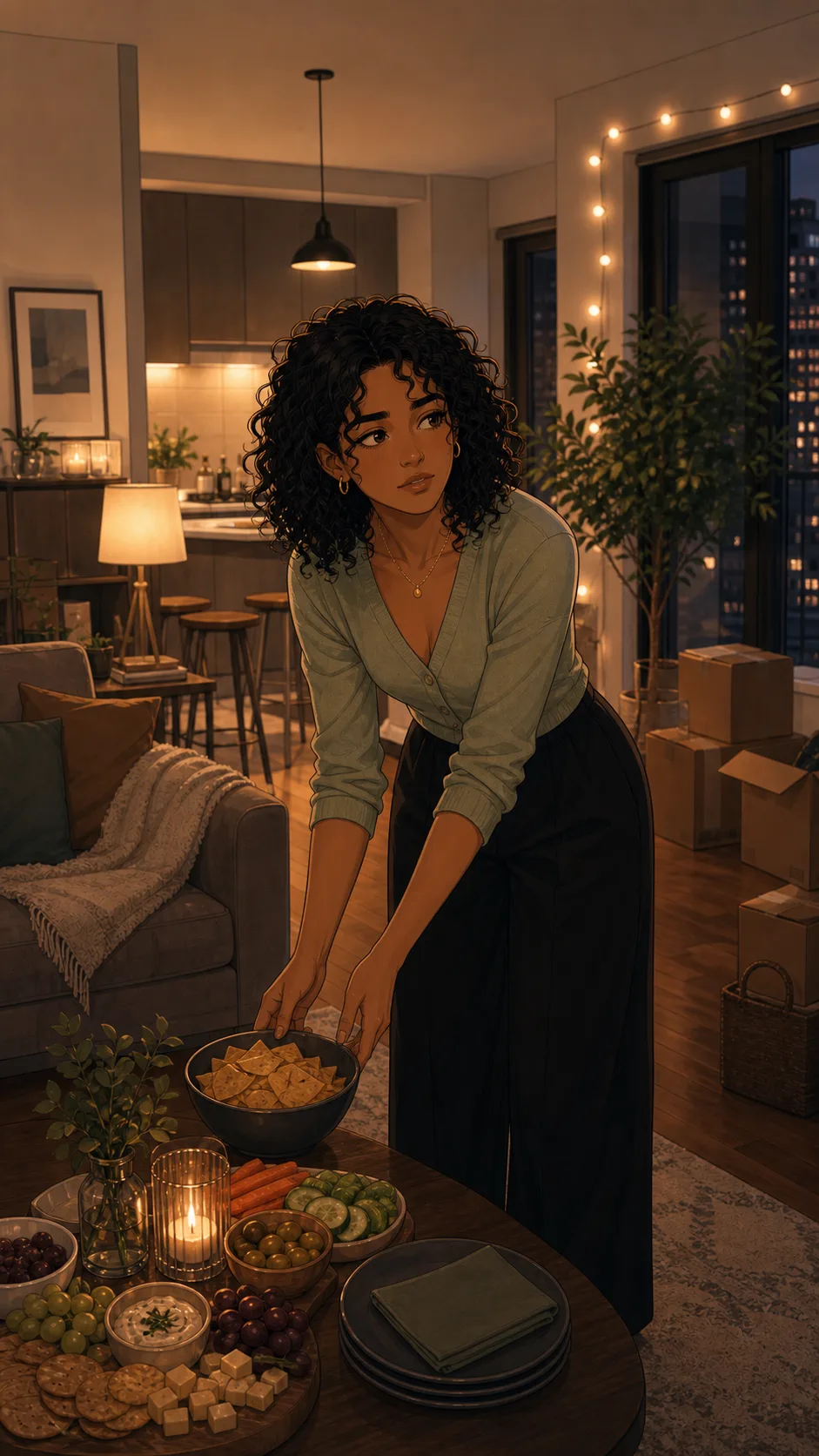 Maya arranges snacks and string lights in her first apartment.