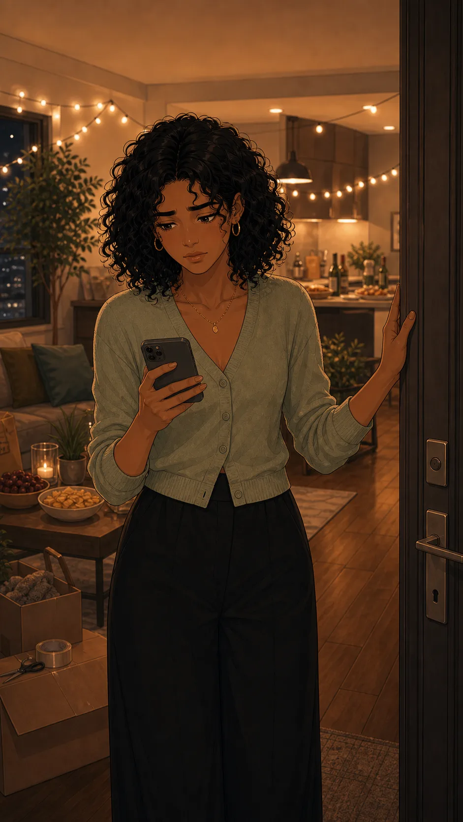 Maya hesitates while reading a message at her apartment doorway.