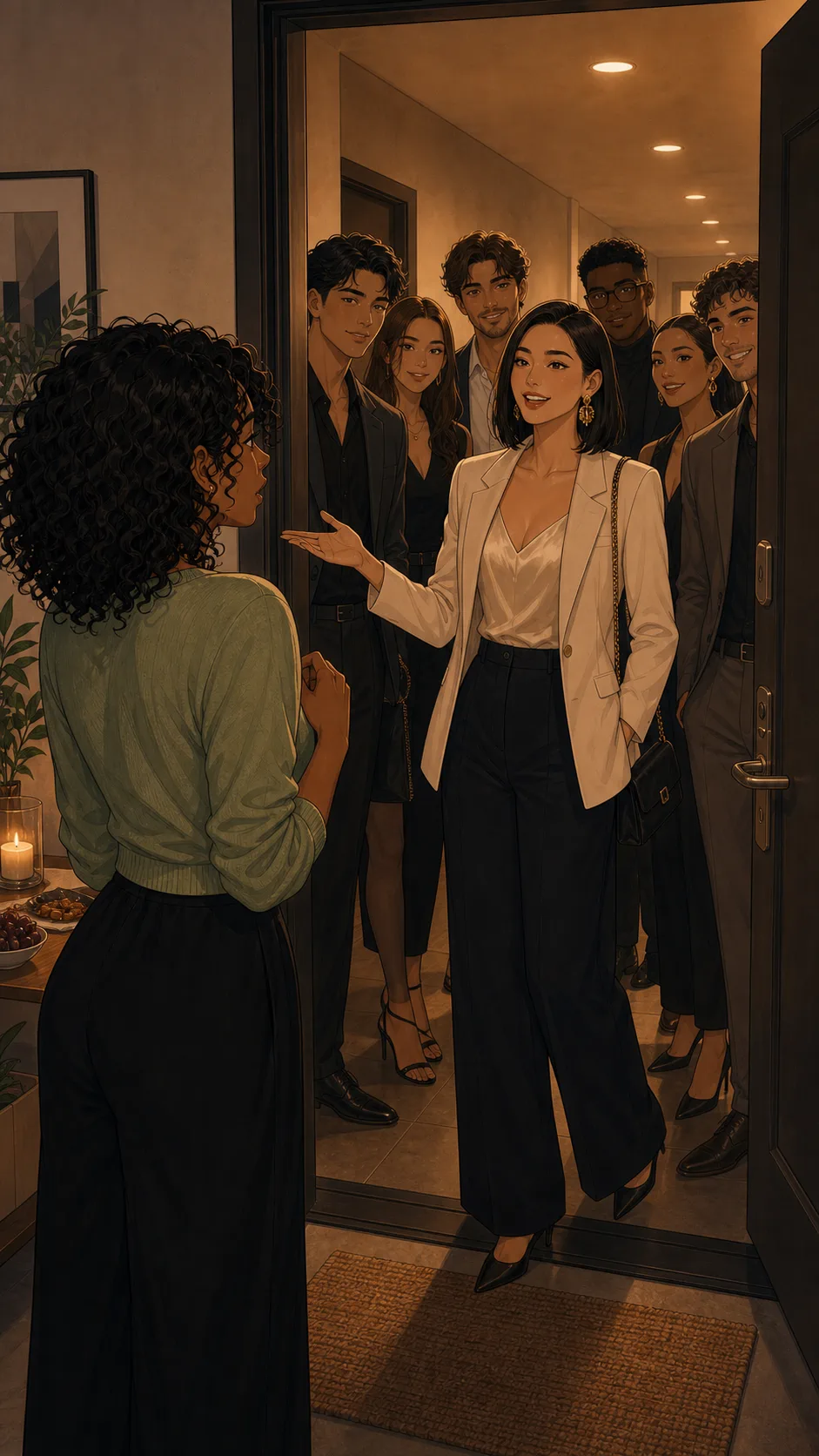 Elise arrives at Maya's apartment with several unfamiliar guests.