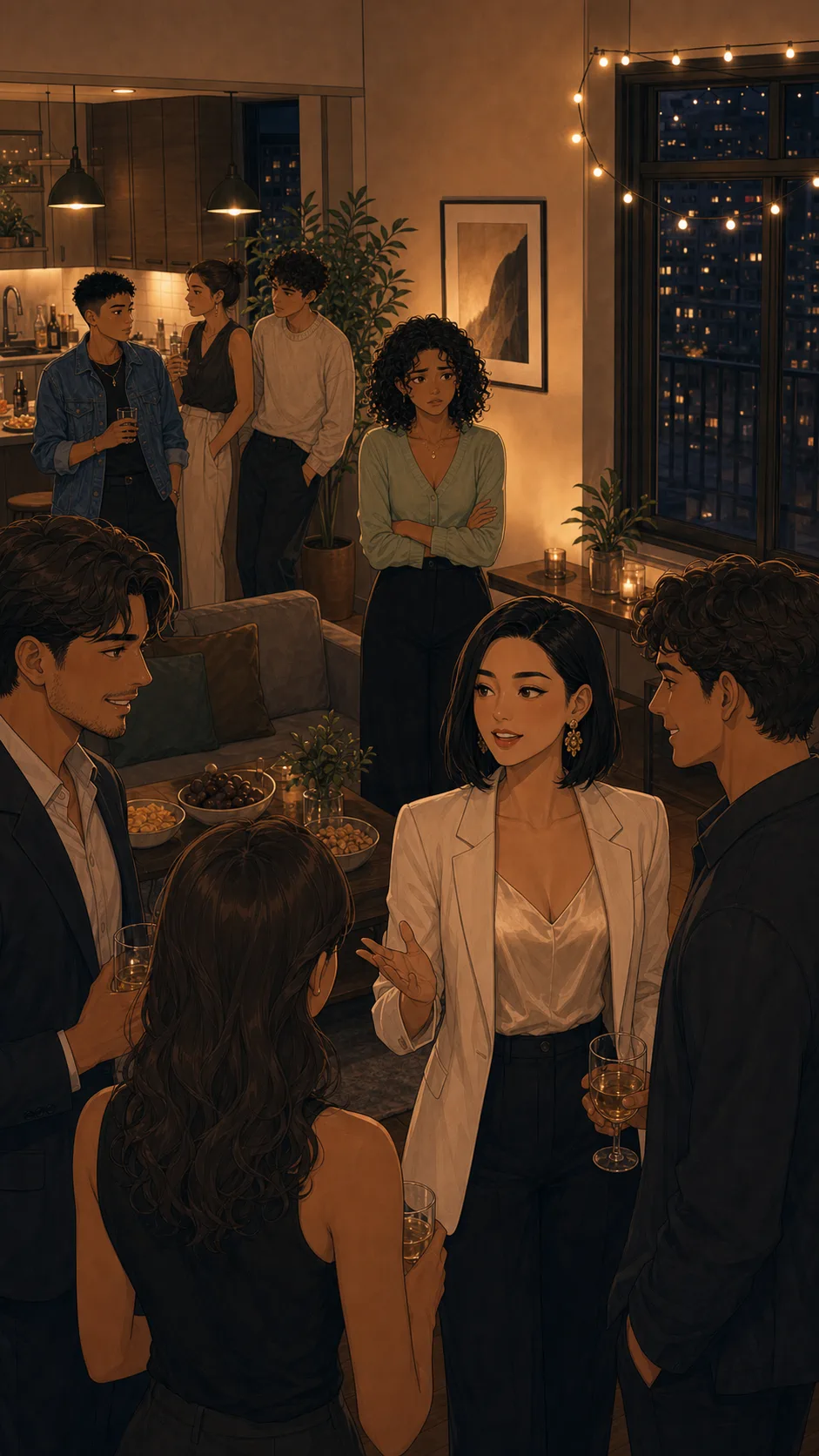 The housewarming splits into a networking circle and a quieter kitchen group.