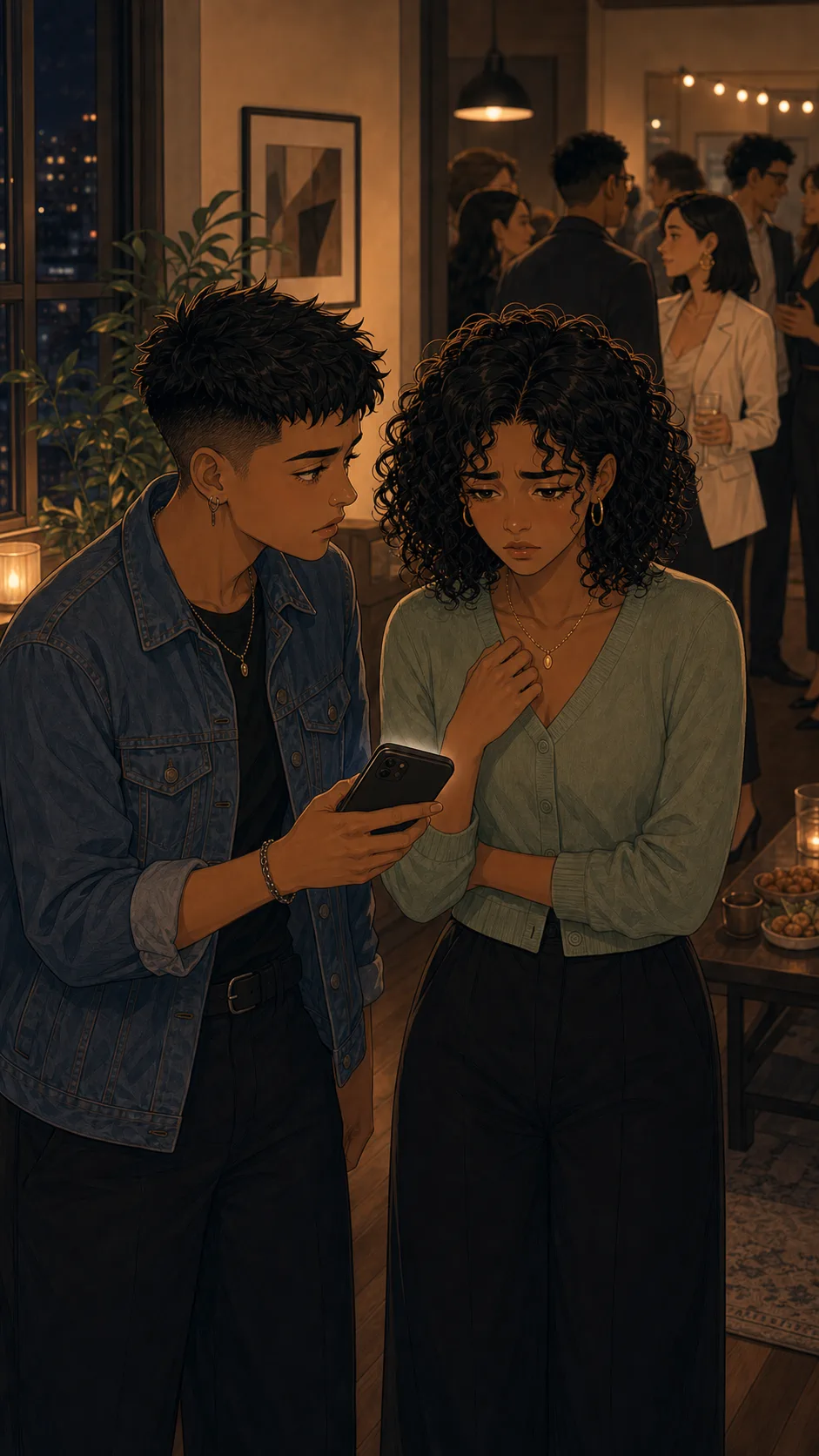 Jamie discreetly shows Maya something on a phone at the party.