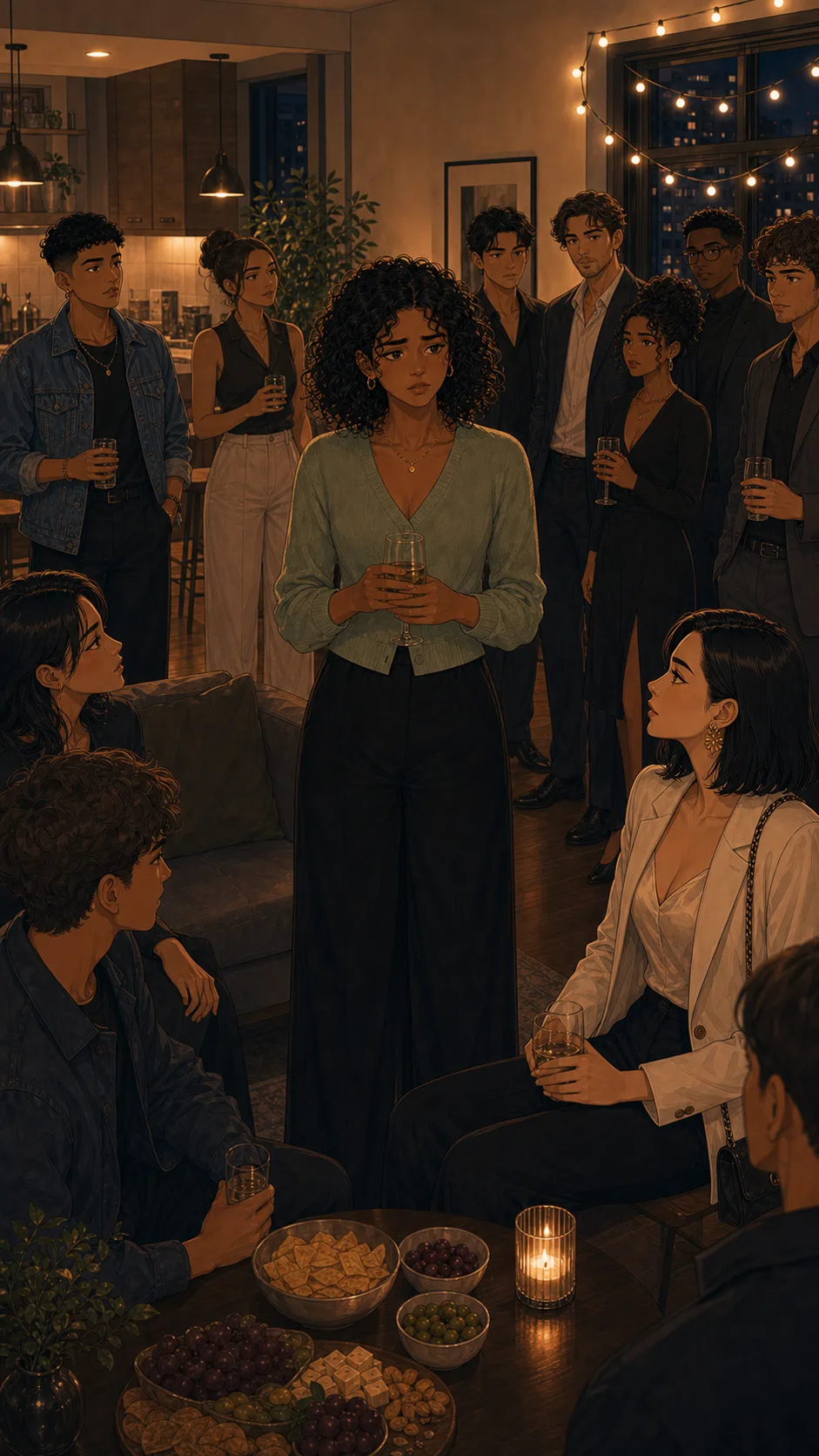 Maya stands in the middle of the room as everyone turns to listen.
