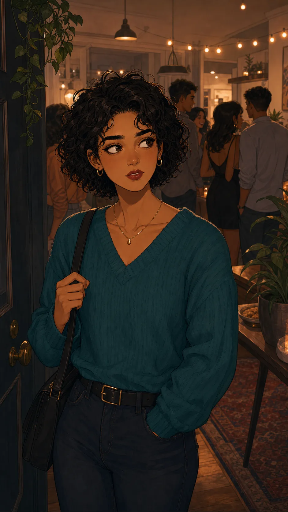 Aria pauses near the door at a small apartment mixer.