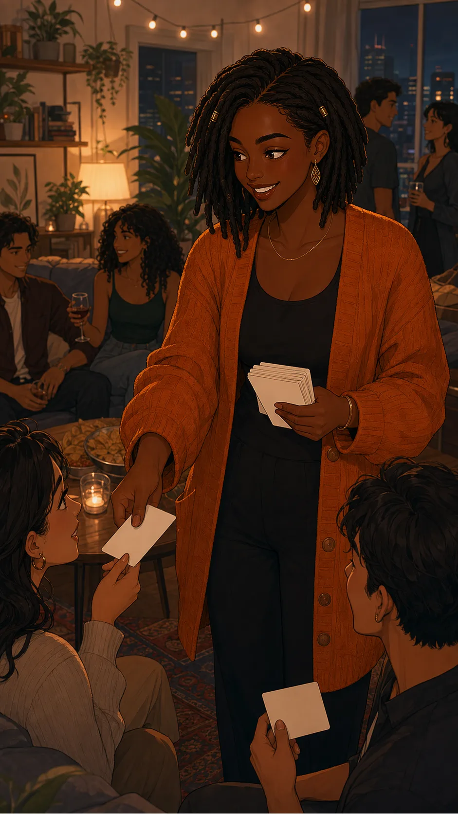 Bree hands blank icebreaker cards to guests.