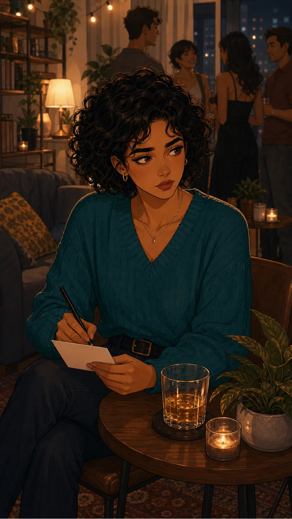Aria writes a private answer on an icebreaker card.