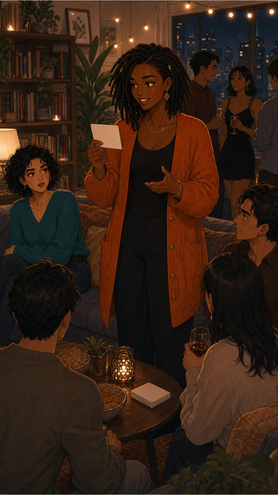 Bree reads an icebreaker card to the whole room while Aria freezes.