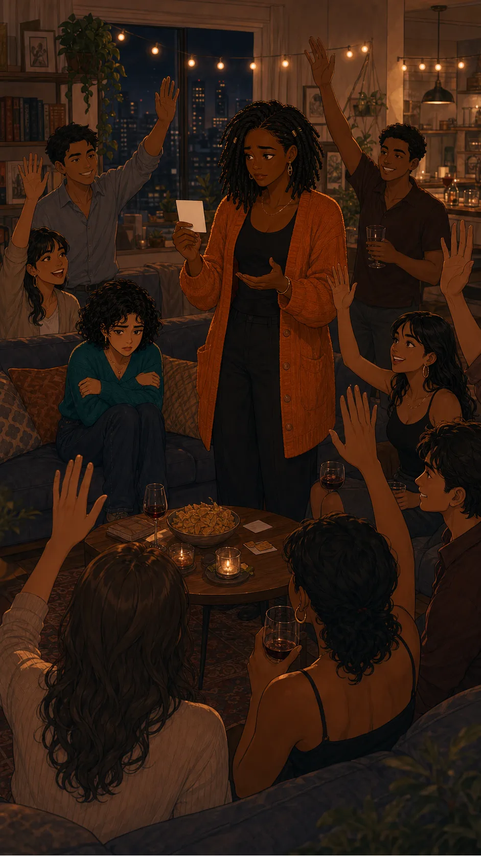 Guests respond warmly while Aria looks overwhelmed.
