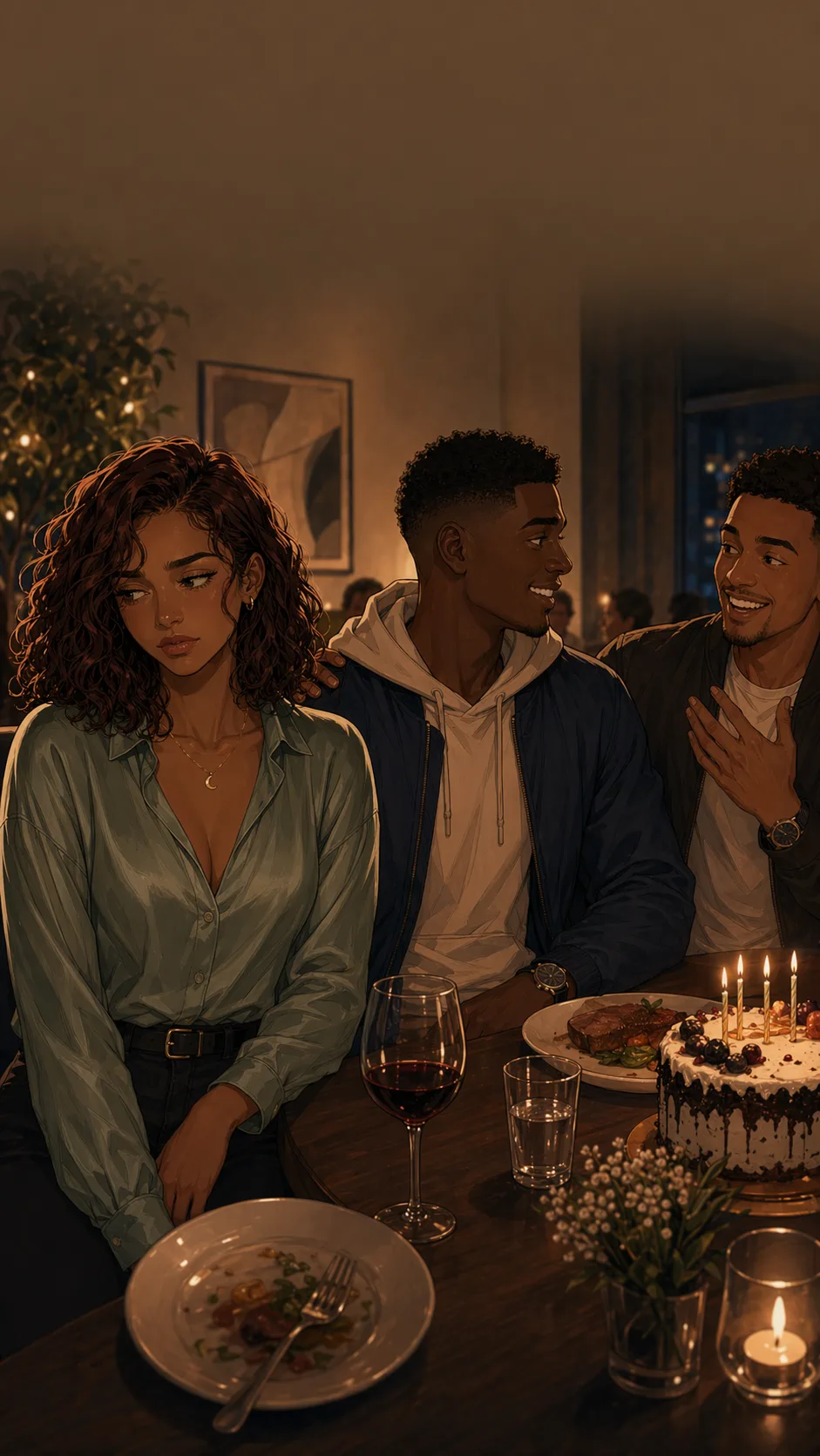Sofia sits at a birthday dinner while Miles receives credit beside her.