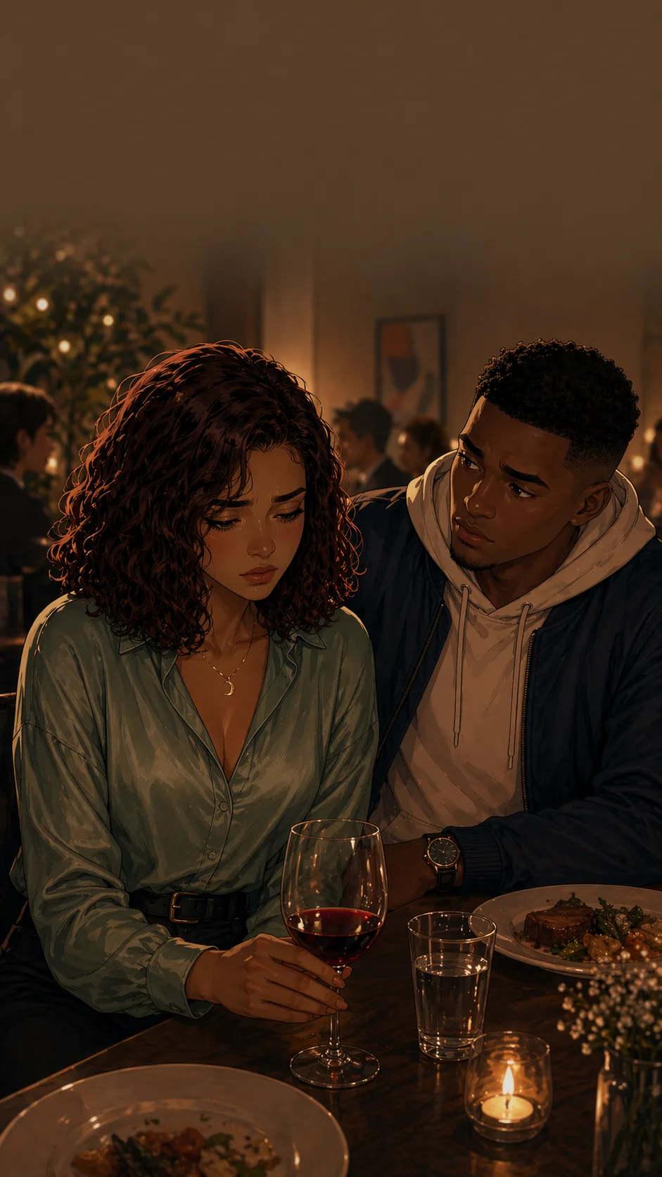 Miles leans toward Sofia at dinner while she looks down and tries to stay composed.