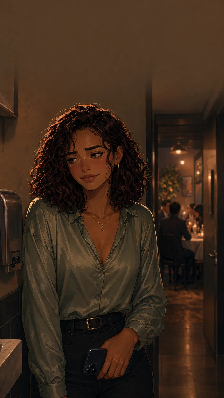 Sofia forces a small smile in a restaurant hallway while holding back hurt.