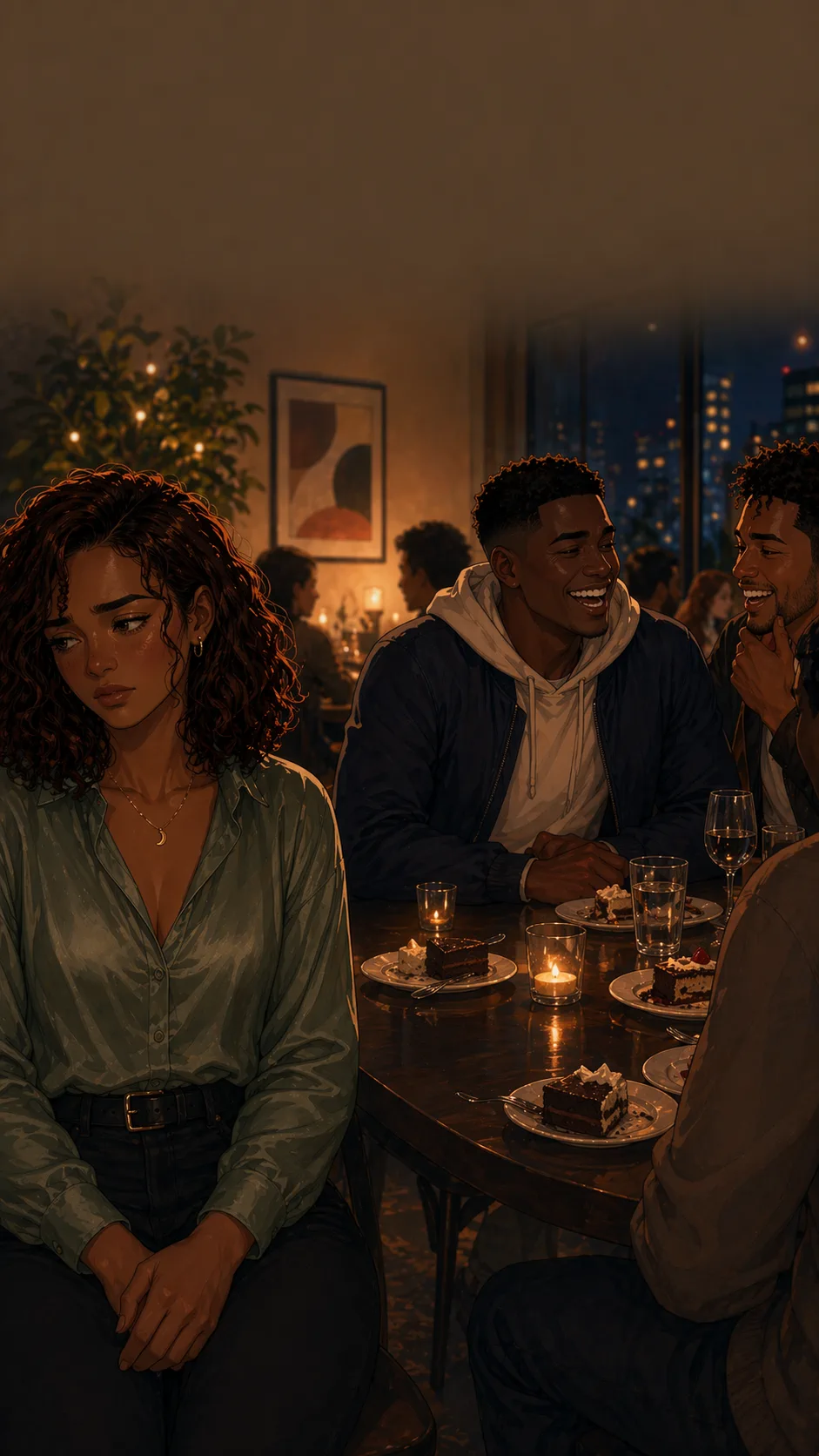 Miles laughs with friends while Sofia sits quietly at the edge of the dinner table.