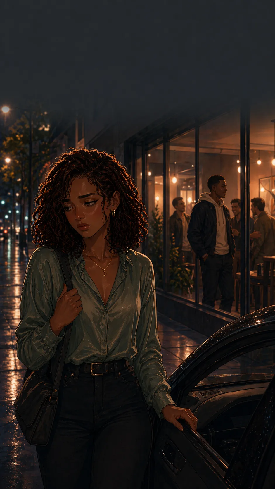 Sofia leaves the restaurant alone at night while Miles remains inside with friends.