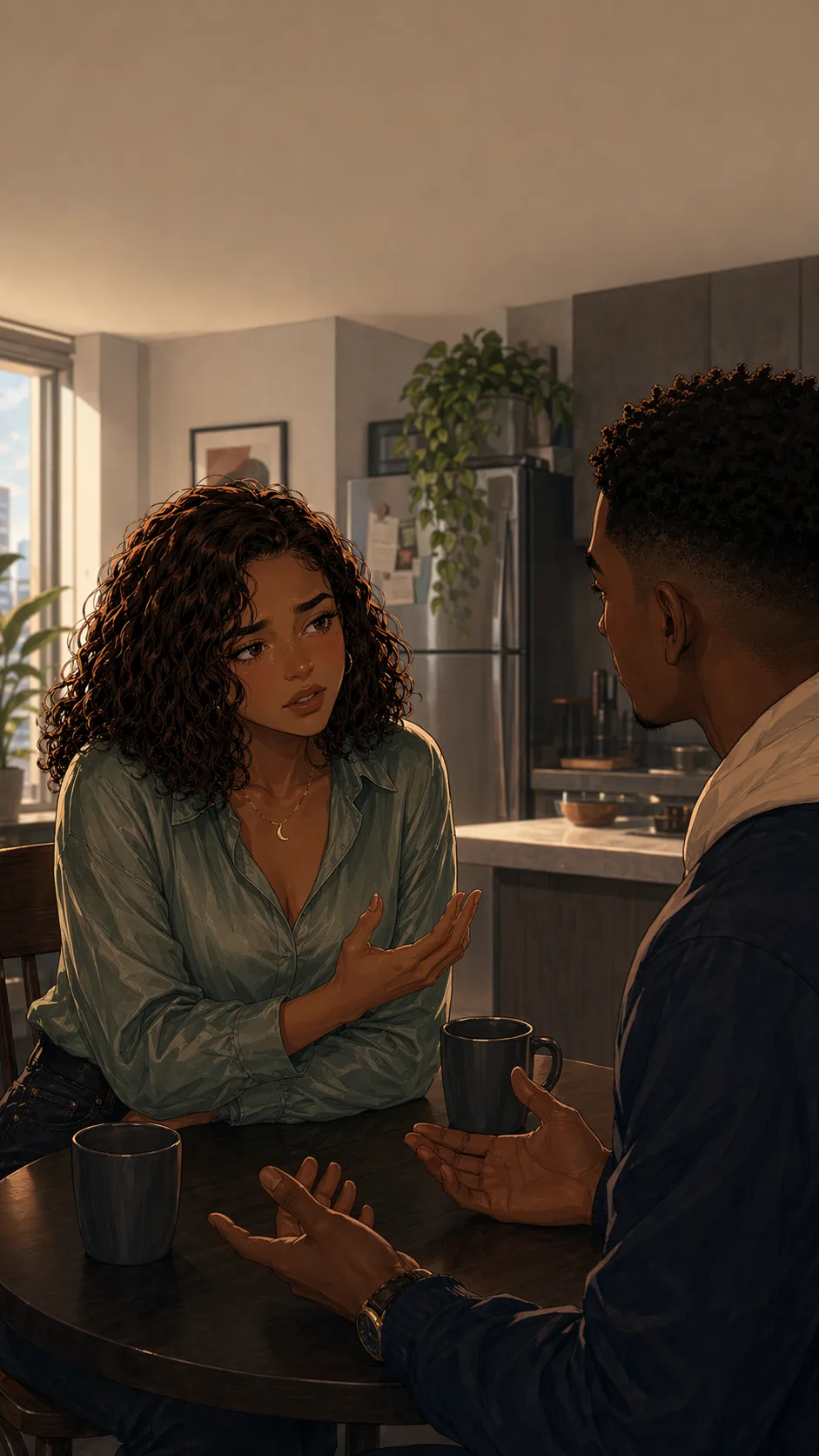 Sofia explains her feelings to Miles across a quiet kitchen table.