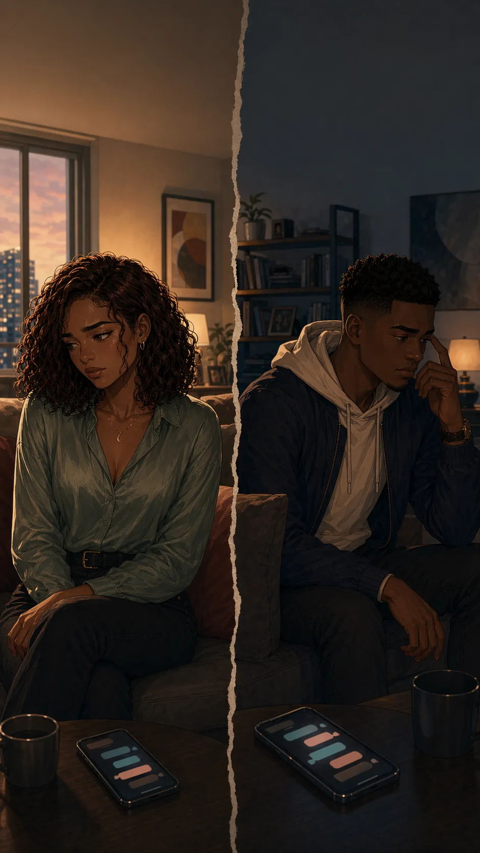 Sofia and Miles sit apart in a quiet living room while abstract phone messages divide the scene.