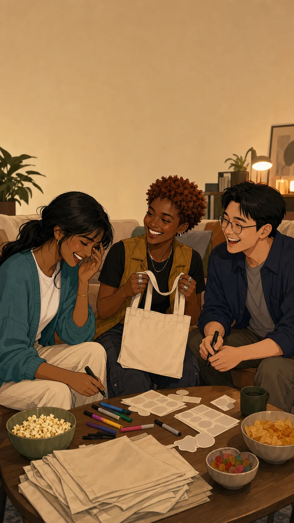 Mina, Tessa, and Jonah laugh around a generic apartment craft table with blank totes, markers, and sticker sheets.
