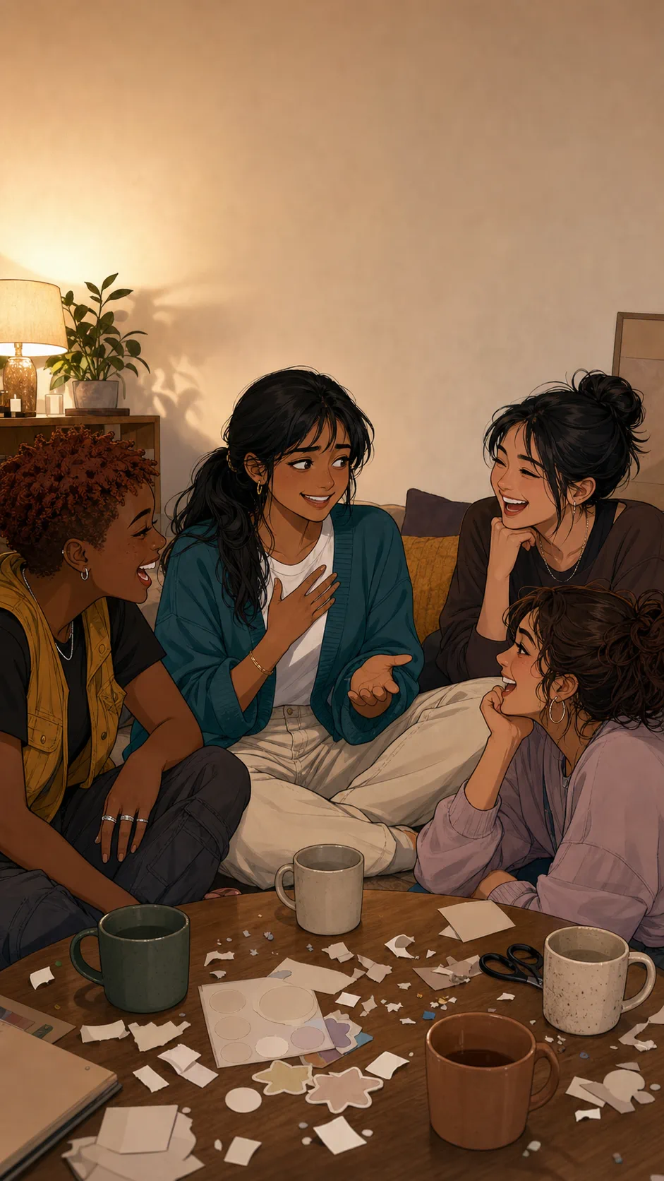 Mina smiles with embarrassed warmth while close friends laugh kindly in a generic apartment living room.
