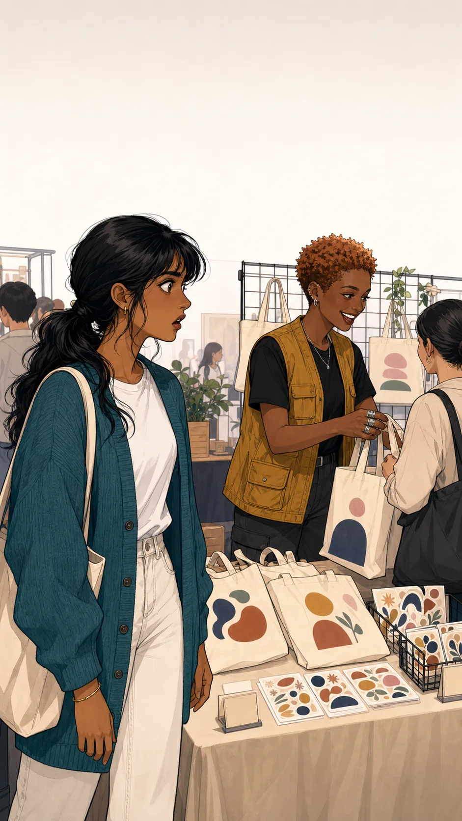 Mina freezes in front of Tessa's generic maker-market booth with blank totes and stickers on display.