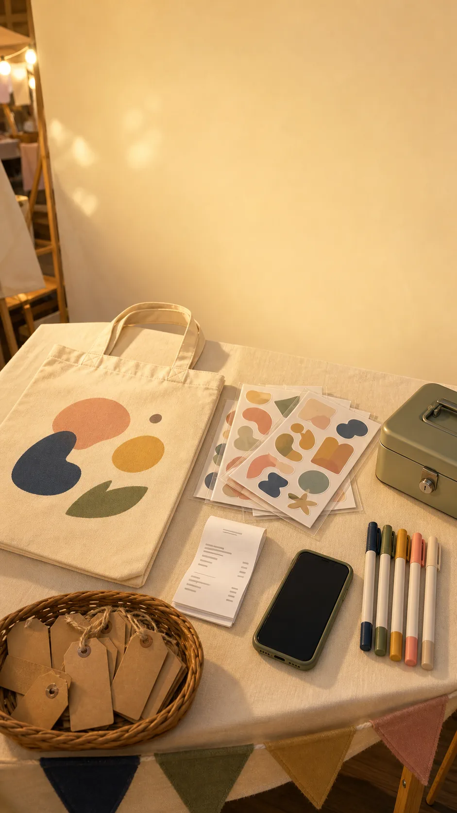A generic maker-market table shows a blank canvas tote, blank sticker sheets, an unreadable receipt, a face-down phone, markers, and plain tags.