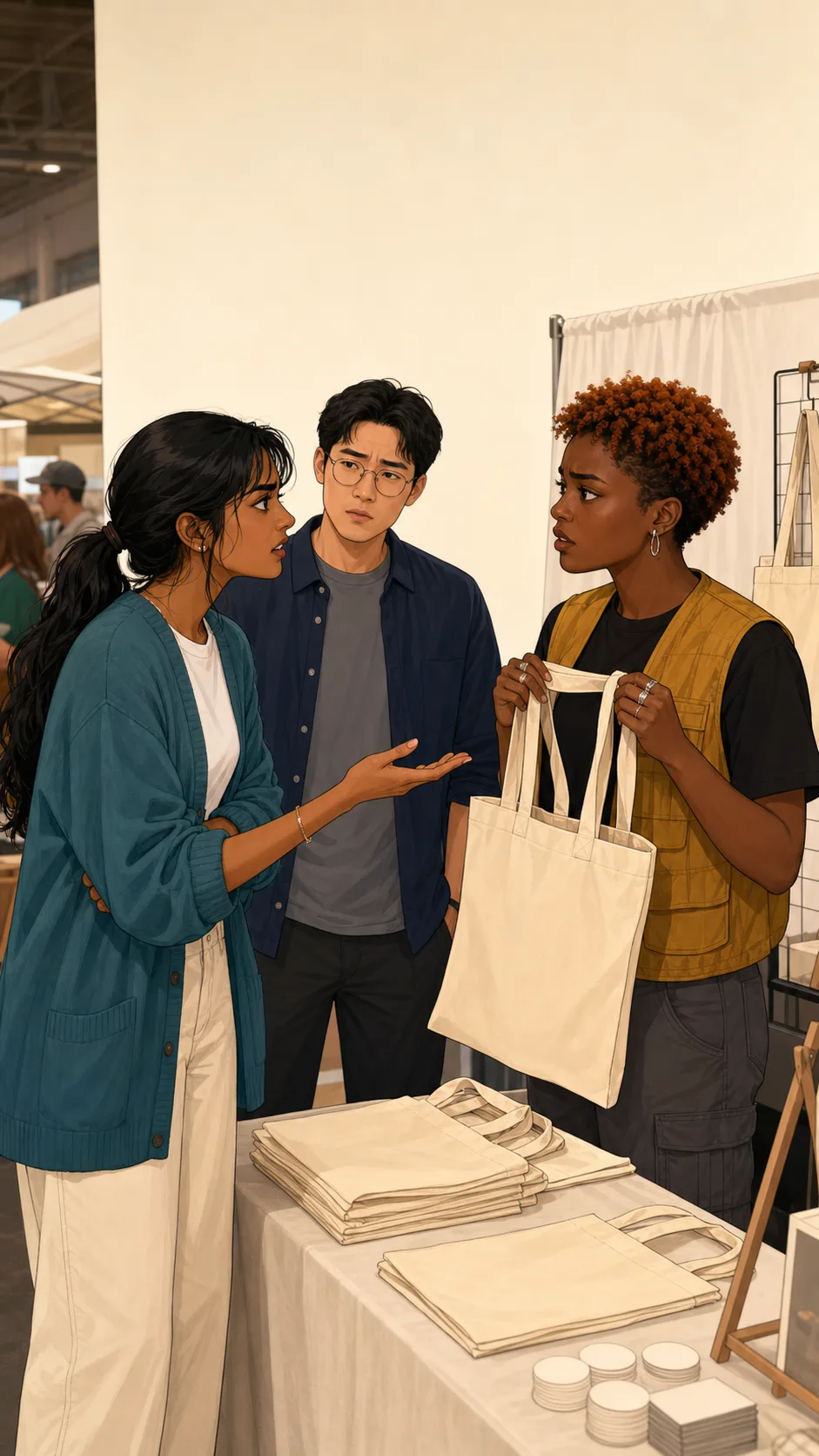 Mina confronts Tessa beside a generic maker-market booth while Jonah stands between them with a concerned expression.