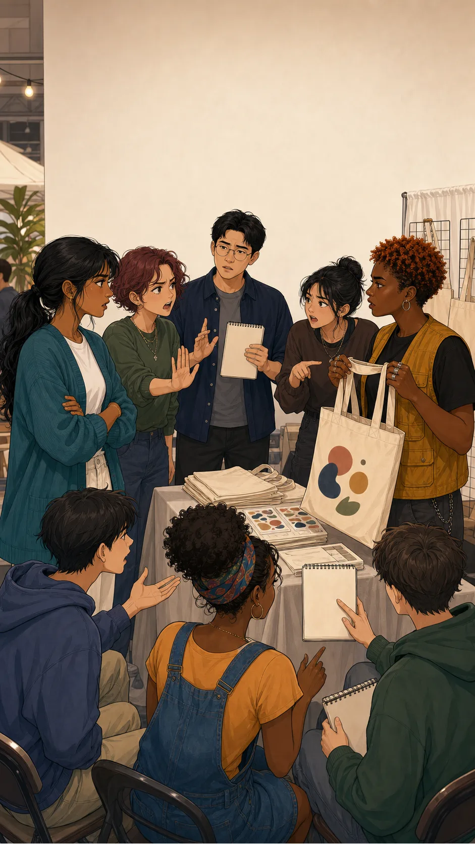 Mina, Tessa, Jonah, and friends stand around a generic maker-market booth, visibly split into three opinions.