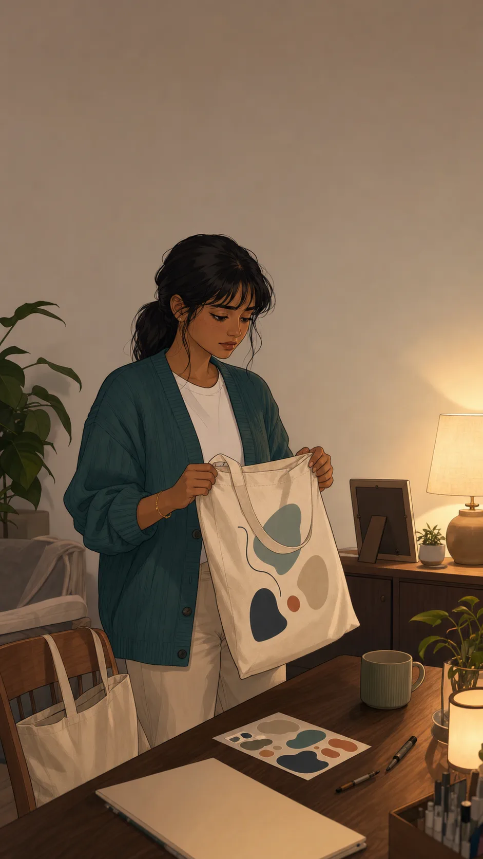 Mina stands alone in a quiet generic apartment room holding a blank tote with abstract shapes and no readable text.