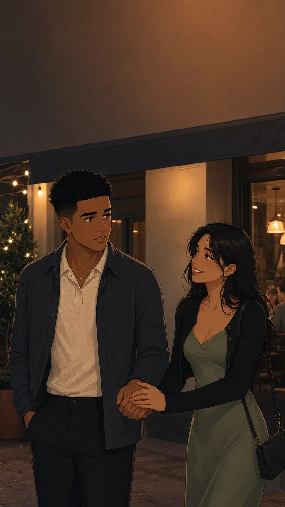 June squeezes Milo's hand outside a generic restaurant before friend dinner.