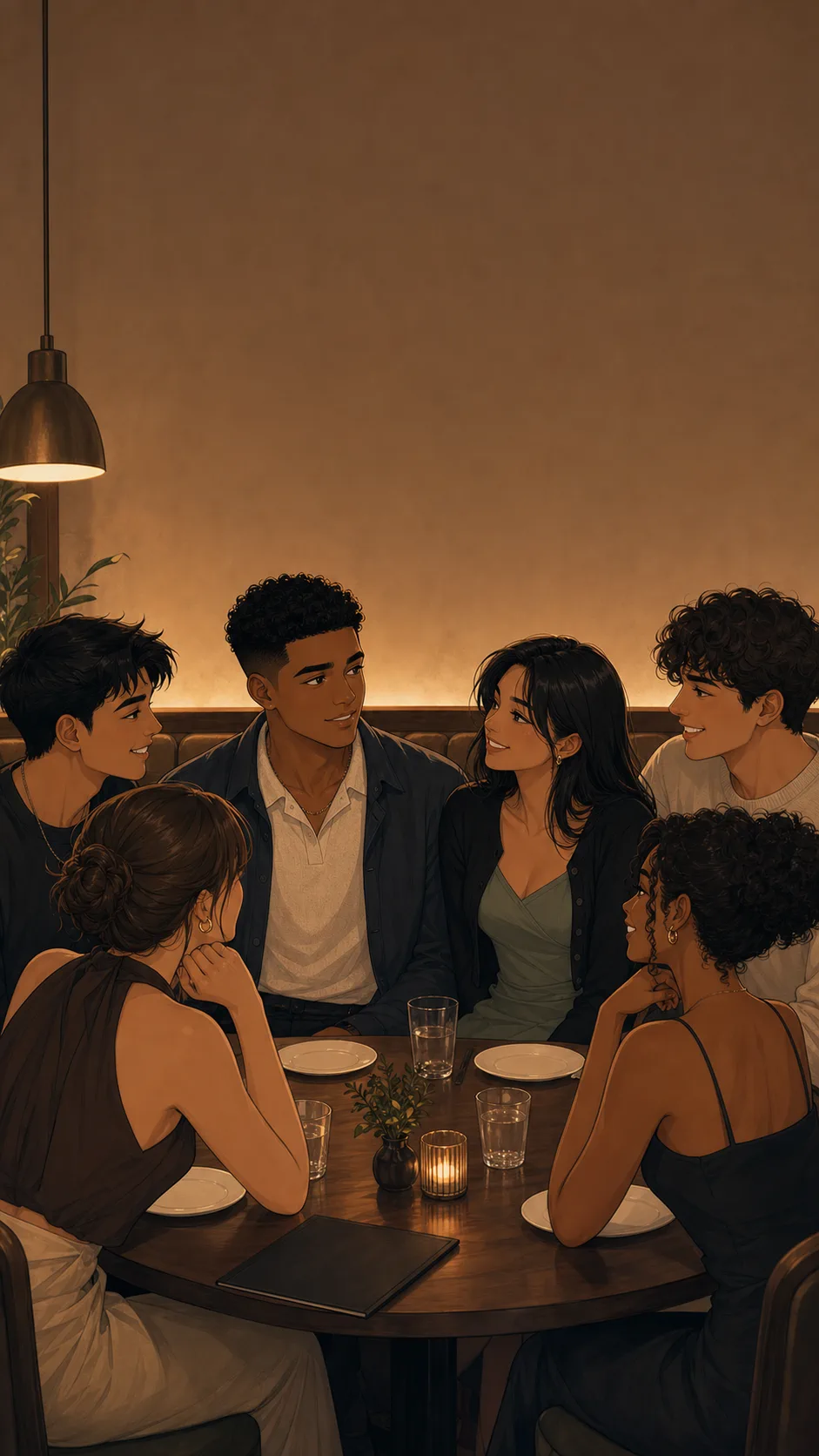 Milo sits beside June at a warm generic restaurant table with her friends.