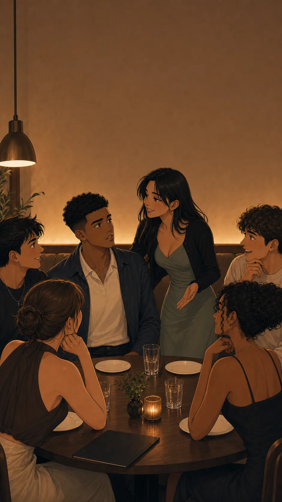 June introduces Milo at a generic restaurant table while his smile freezes.