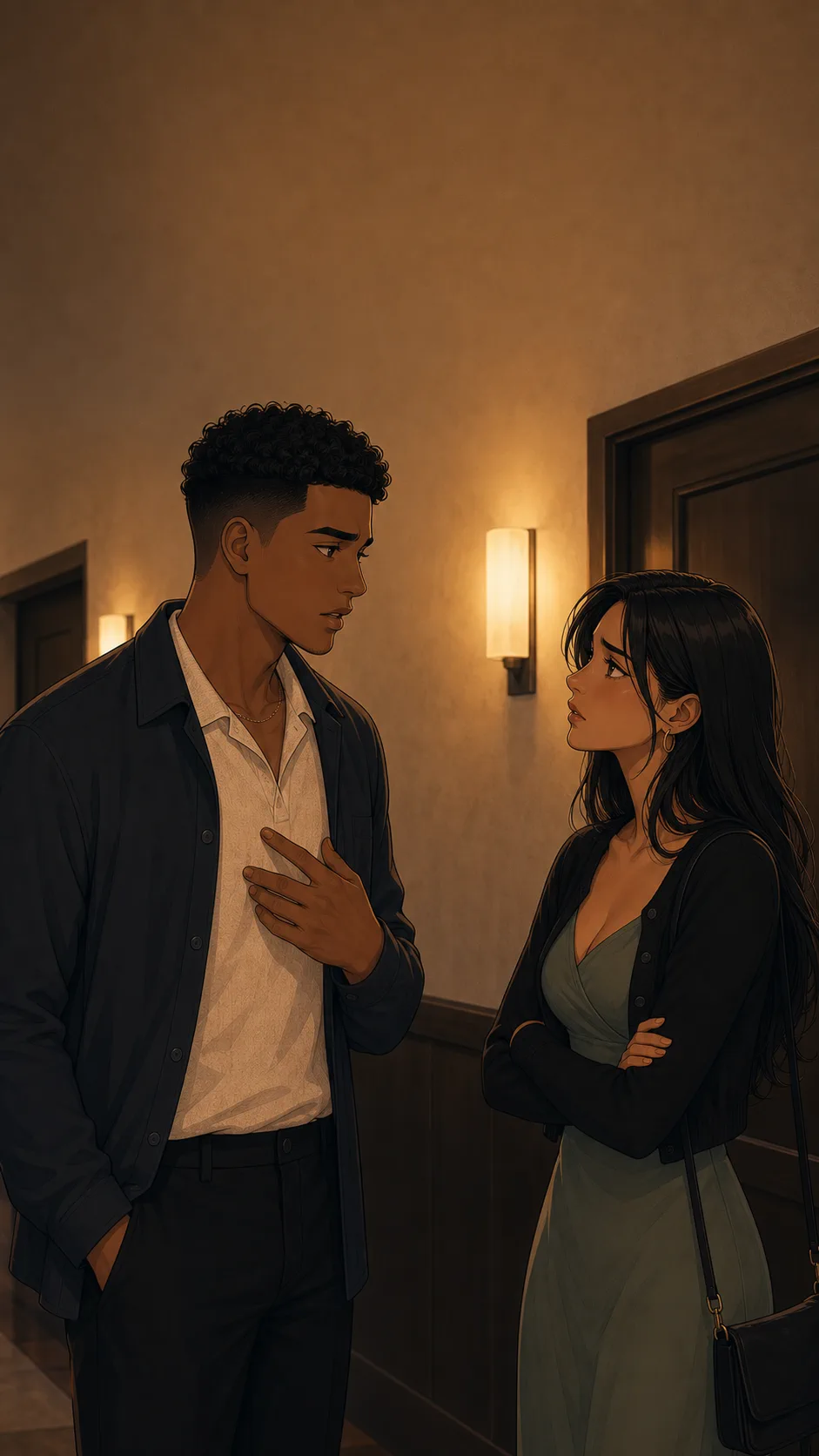 Milo and June talk privately in a plain hallway outside a restaurant dining room.