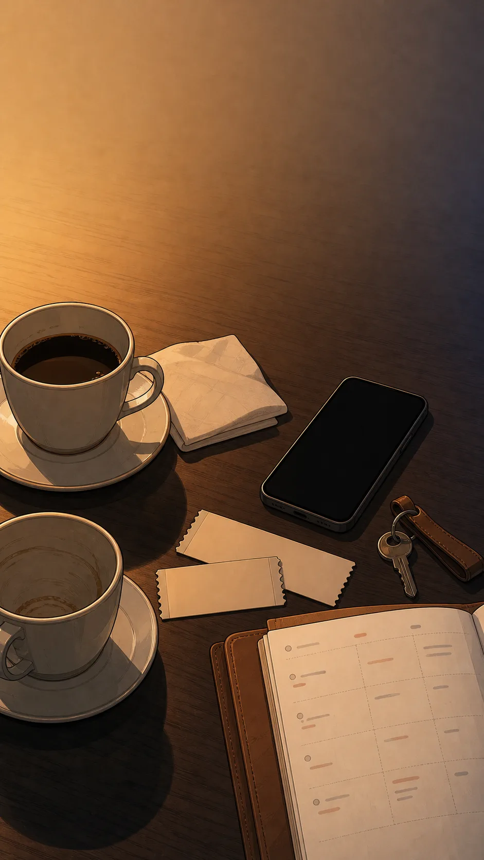 A warm tabletop evidence scene shows coffee cups, a face-down phone, a blank napkin, and generic date mementos.