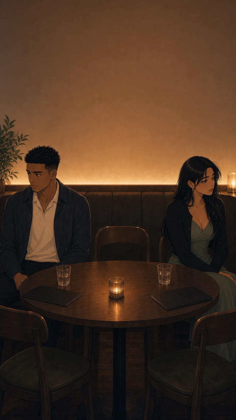 Milo and June sit apart at a quiet generic restaurant table after the friend dinner.