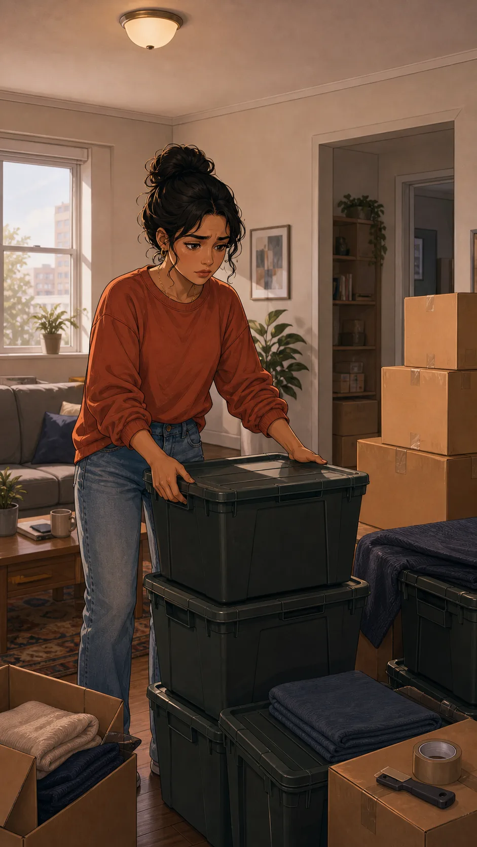 Nora stacks plain reusable moving boxes in a generic apartment while packing.