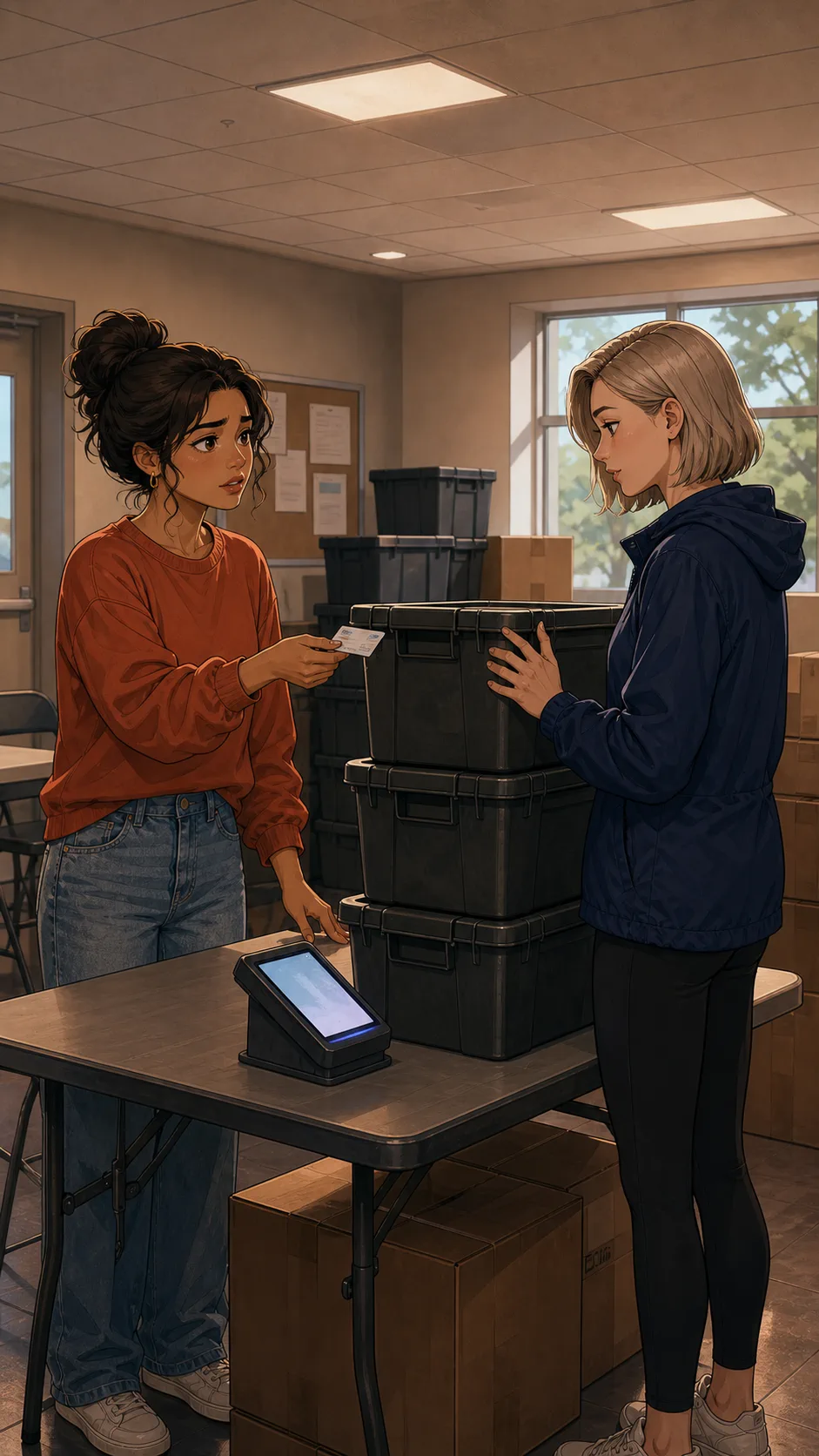 Nora pays a refundable deposit at a generic pickup table while Casey stands beside plain moving boxes.
