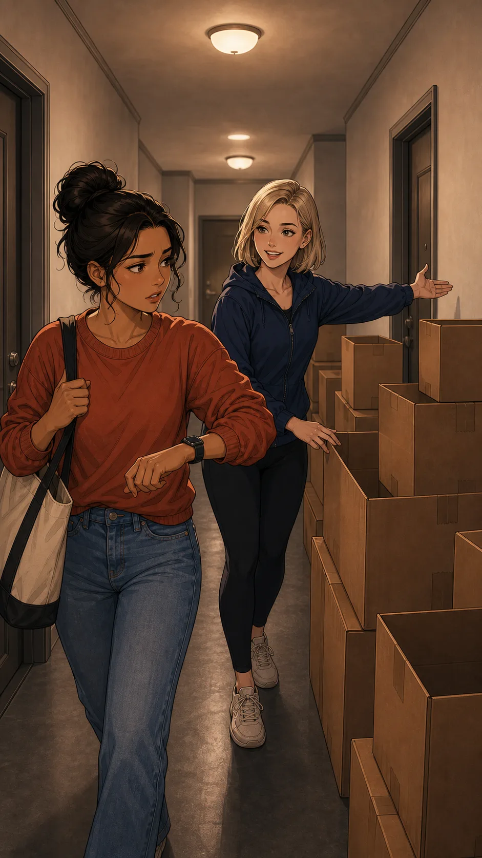 Casey offers to return stacks of plain empty moving boxes while Nora leaves for work.